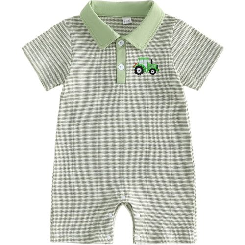 Newborn Baby Boy Outfit Short Sleeve Waffle Knit Button Romper One Piece Jumpsuit Infant Boy Summer Clothes