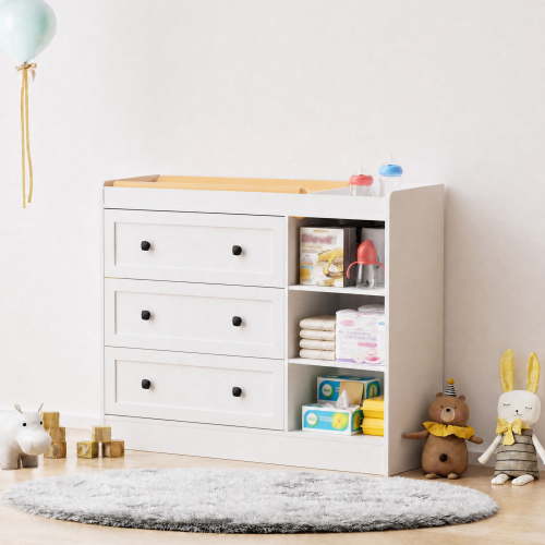 makeapile Baby Changing Table with 3 Large Drawers and 3 Shelves for Nursery,safety-tested,ergonomic,46.5"W * 33"H * 19"D,White