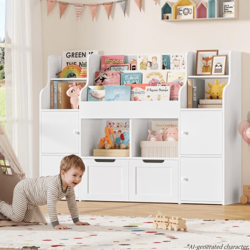 Homfa 4 Doors Kids Bookcase with 3 Tier Book Racks & 2 Mobile Drawers, 4 Cube Bookshelves Toy Storage Organizer for Playroom Kids Room, White