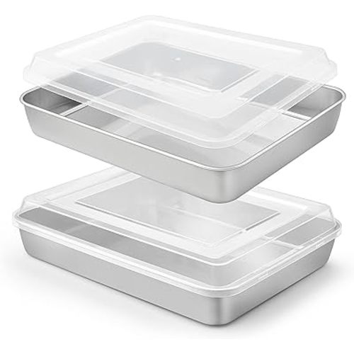 Herogo Baking Pan with Lid, 9 x 12 Inch Stainless Steel Lasagna Pan Deep, Rectangle Cakes Bakeware with Lid for Brownies Casseroles, Dishwasher Safe, Set of 2