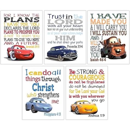 Cars Christian Nursery Set of 5 Unframed Prints, Lightning McQueen, Sally, Doc Hudson, Cruz Ramirez and Tow Mater