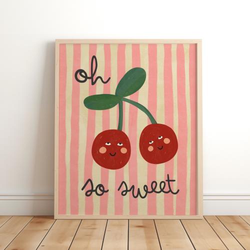 Oh So Sweet Cherry Print Pink Nursery Wall Art, Kids Fruit Decor, Cute Boho Print, Cottage Core Playroom Decor, Pink Girl Bedroom, Girl Gift