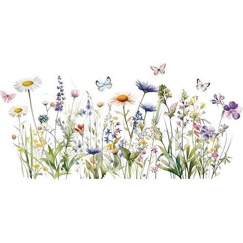 Wildflower Grass Daisy Wall Decals, Garden Floral Butterflies Flower Wall Stickers, BWCXXZH Self-Adhesive Wall Art Stickers for Girls Bedroom Living Room Nursery Decor