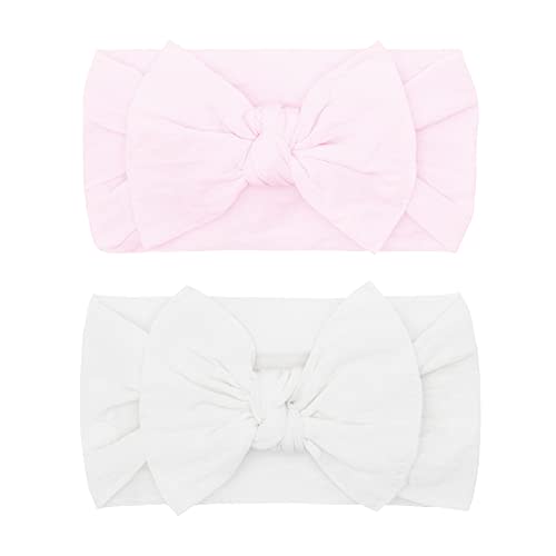 Baby Bling Bows - Newborn to Little Baby Girl Bows, 2 Pack Nylon Super Soft Stretchy Knot Toddler Headbands, Perfect Hair Accessories Head Bands for Infant Kids(Pink & White)
