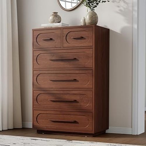 YANSNWO Walnut 6 Drawer Dresser for Bedroom, 44" Tall Dressers & Chest of Drawers w/Solid Wood Handle, Wood Mid Century Closet Organizers and Storage Cabinet for Bedroom, Living Room, Hallway, Walnut