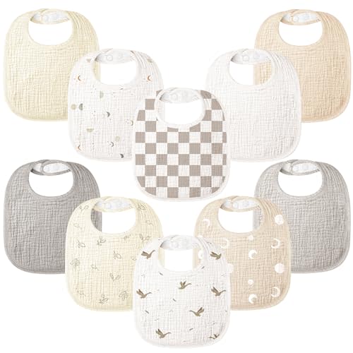 Bearmoss 100% Cotton 10 Pack Muslin Baby Bibs for Drooling and Teething | Soft Absorbent Adjustable Baby Bandana Bibs for Unisex Baby Boys, Girls, Toddlers, Infant, Newborns