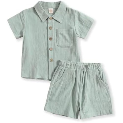 ACESTAR Toddler Baby Boys 2 Pieces Cotton Linen Set Short Sleeve Button Down Shirt and Shorts Set Spring Summer Outfits