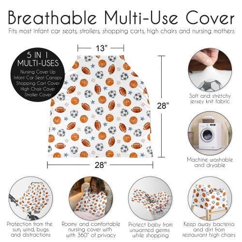 Sweet Jojo Designs Sports Theme Boy 5 in 1 Baby Car Seat Nursing Cover Watercolor Vintage Sport Themed Soccer Balls Blue Stars