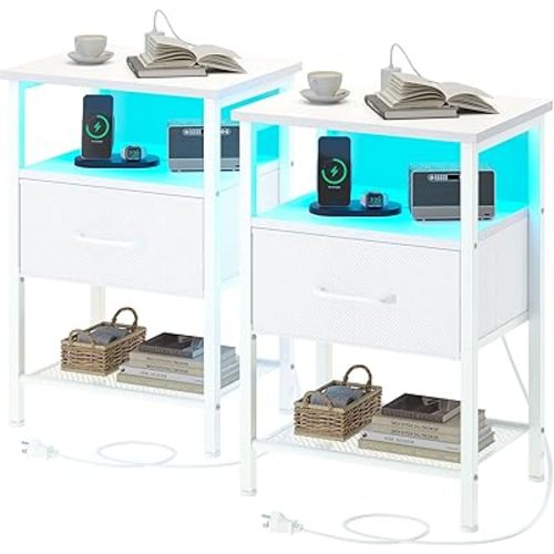 TRIFEBLE Night Stand Set 2, End Table with Charging Station, LED Bedside Table with Fabric Drawer for Bedroom, 3-Tier Side Table with Open Shelf, White