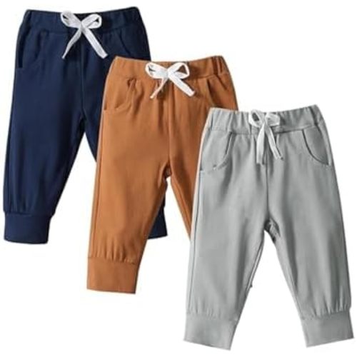 Pivanzore Toddler Baby Boys Girls Sweatpants 3 Pack Solid Color Elastic Waist Bottom Pants Newborn Infant Trousers