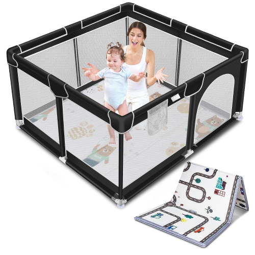 kmaier Baby Playpen, Large Indoor and Outdoor Play Yards, 360° Visibility , for Toddler-Black