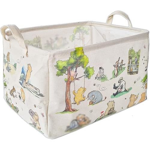 Winnie Laundry Storage Basket, Pooh Storage Basket, Foldable Canvas Laundry Hamper with Waterproof PE Coating Diaper Clothes Toys Storage, Storage Baskets for Nursery, Bear Baby Shower Gifts