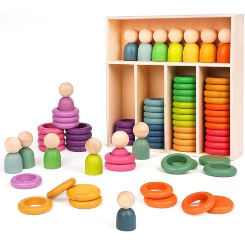 Montessori Toys Wooden Color Sorting Stacking Rings Toy Rainbow Wooden Peg Dolls Counting Toys Circular Building Blocks Stacking Game Preschool Learning Education Fine Motor Skill Toys for Toddlers