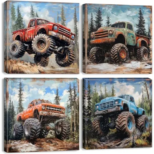 Rustic Monster Truck Wall Art for Boys Room Hot Wheels Truck Pictures Bedroom Wall Decor Mountain Off-road Car Canvas Prints Vintage Vehicle Artwork Bathroom Living Rooom Home Decorations 12x12" 4P