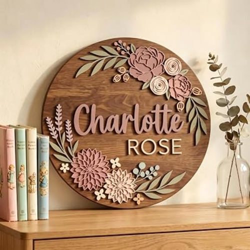 Personalized Wooden Nursery Name Sign, Custom Floral Baby Name Plaque, Round Wooden Wall Decor for Girls Room, Boho Nursery Decor, 11.81in