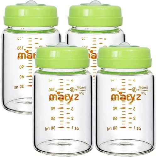 Matyz Glass Breastmilk Storage Bottles, 4-Pack (Green, 6oz Each), Wide Mouth Food-Grade Borosilicate, Leakproof for Spectra Medela Philips Breast Pumps, Travel, Camping
