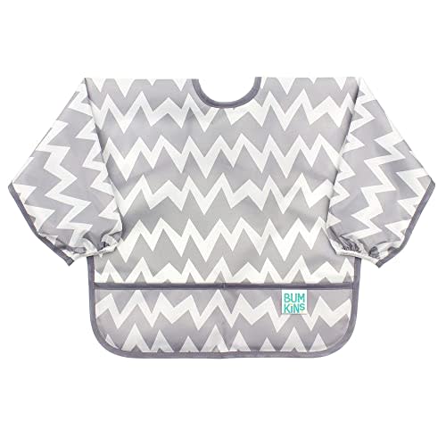 Bumkins Sleeved Bib for Girl or Boy, Baby and Toddler for 6-24 Mos, Essential Must Have for Eating, Feeding, Baby Led Weaning Supplies, Long Sleeve Mess Saving Food Catcher, Soft Fabric, Gray Chevron