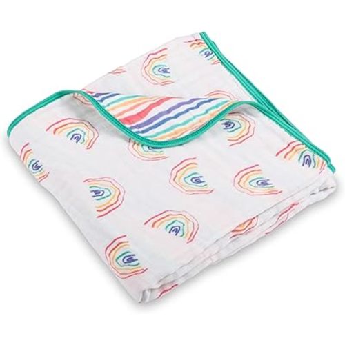 LollyBanks Muslin Baby Quilt, 100% Cotton 6-Layer Soft Baby Blanket for Boys and Girls, Large 47 x 47 Inches Infant Receiving Blanket, Durable Toddler Quilt, Cozy Muslin Blankets (Rainbow Wave Print)