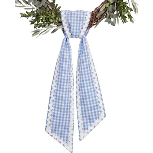 Blue Gingham Wreath Sash for Front Door with Scalloped RIC Rac Trim, 4.5 x 56 Inch Blue Wreath Ribbon for Spring Easter Summer Coastal Farmhouse Home Decor