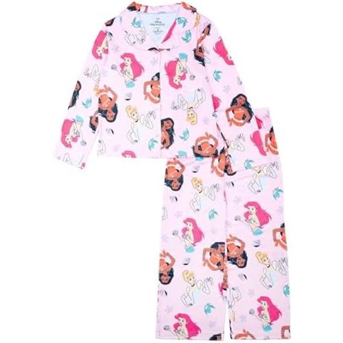 Disney girls 2-piece Loose-fit Button Down Pajama Set, Soft & Cute for Kids