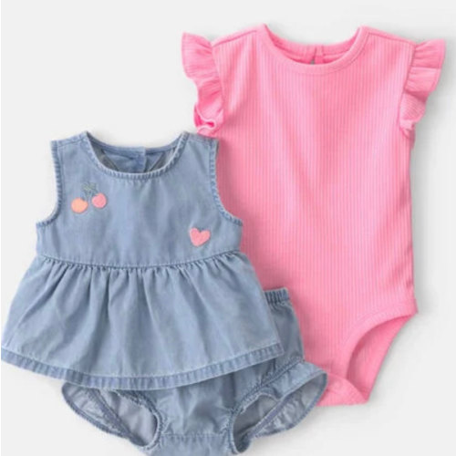 Baby Girl 3-Piece Cherry Chambray Sleeveless Top, Bodysuit & Short Set - Pink/Blue | Carter's