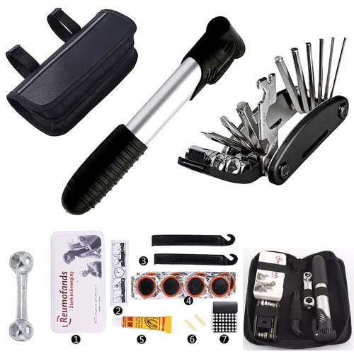 DERCLIVE Bicycle Bike Repair Kit with 120PSI Portable Pump, 16-in-1 Bicycle Multitool & Tire Patch Kit, Includes Saddle Bag for Mountain and Road Bikes