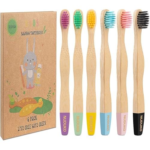 Bamboo Kids Toothbrushes (6 Pack) - Soft Bristle Organic Compostable BPA Free Toothbrush for Kids Toddler Baby Tooth Brush, Eco Friendly Natural Biodegradable Wooden Toothbrush