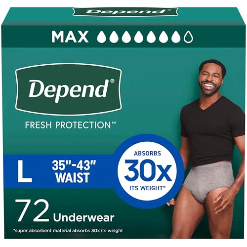 Depend Fresh Protection Adult Diapers, Incontinence Underwear for Men, Disposable, Maximum, Large, Grey, 72 Count (2 Packs of 36), Packaging May Vary