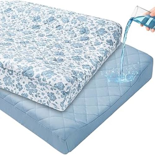 FIOBEE Changing Pad Cover Waterproof 2 Pack Quilted Diaper Change Table Sheets Breathable & Ultra Soft for Newborn Baby Boys Girls Fitted Changer Pads 32"x 16", Light Blue