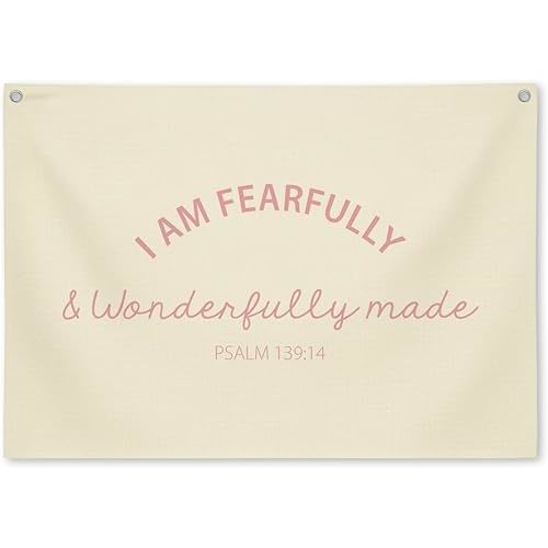 I Am Fearfully And Wonderfully Made”Linen Banner, Bible Quotes Christian Wall Decor For Nursery & Kids Playroom, Bible Verse Wall Art For Baby Boy Or Girl Room, Scripture Room Decor Pink-b08