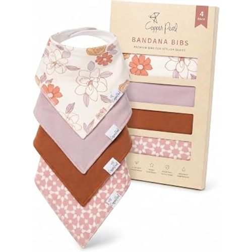 Copper Pearl Baby Bibs 4 Pack, Printed Bandana Drool Bibs for Baby Girl & Boy, Soft Cotton Drooling Teething Bibs