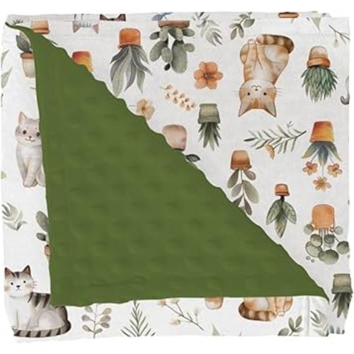 Watercolor Cats Boho Leaves Flowers Baby Blanket Girl Boy Dotted Backing Double Layer Cute Cats Tropical Plants Soft Swaddle Receiving Blanket Newborn Toddler Nursery Crib Bed Throws 30x40