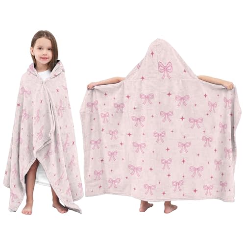 Pink Bow Hooded Towel for Kids, Bows Gifts for Bow Lovers, Bow Decor Wearable 30"x50" Flannel Blanket for Girls, Toddler Beach Towel for Pool, Travel, Swim - Ultra Absorbent Quick Dry Birthday Gift