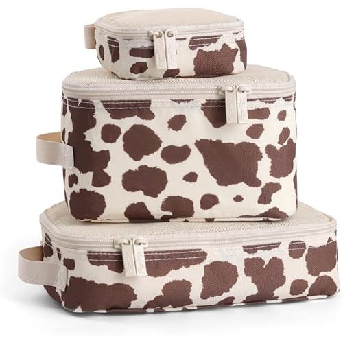 Itzy Ritzy Packing Cubes for Travel Set of 3 Packing Organizers; Each Travel Cube Features a Mesh Top, Double Zippers and a Fabric Handle (Cow Print)