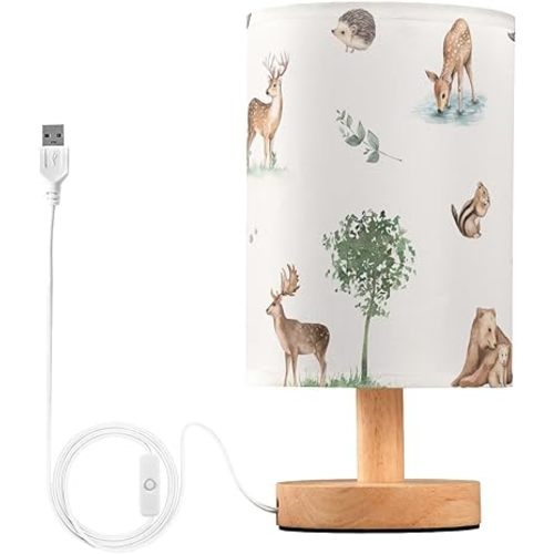 Bedside Table Lamp Woodland Animals Nightstand Lamp with Wood Forest Deer Bear Chipmunk Hedgehog Desk Lamps for Bedroom Living Room Nursery Office Home Decor