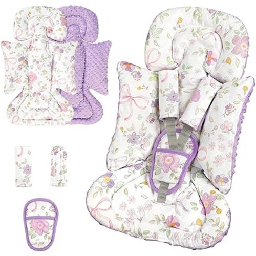 SWESEN Infant Car Seat Insert with 3 Strap Covers Set, Car Seat Head Support Baby for Girls, Soft 3 in 1 Baby Car Seat Cushion for Strollers, Bouncers, Swing, Purple Floral