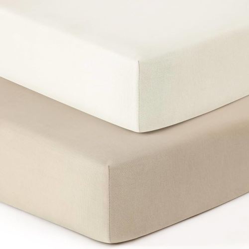 GRSSDER Jersey Crib Sheets for Boys and Girls, Stretchy Ultra Soft Crib Fitted Sheets Set 2 Pack, Universal Fit All Standard Crib Mattress Pads Safe and Snug, Natural Cream/Beige
