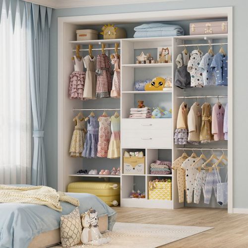 Besiost 5FT Closet Organizer with Wood Drawers and Cubbies, Small Closet System with 5 Hanging Rods - White