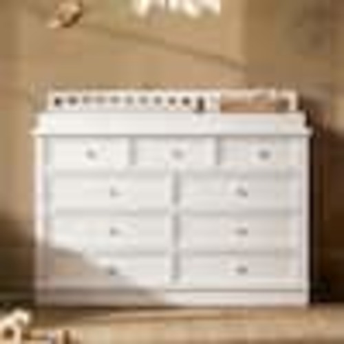 Homsee White 100% Pine Solid Wood Changing Table with 9 Drawers, Removable Guardrail Storage Top for Baby Diaper Changing Z-HS330182-02