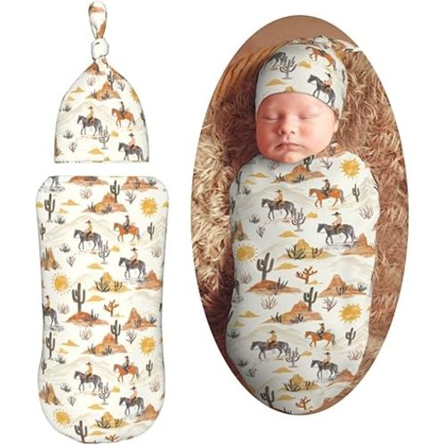 Western Cowboys Horses Newborn Swaddle Blankets Hat Sets Soft Baby Receiving Blanket Swaddle Sack for Baby Shower Infant Boy Girl Gift