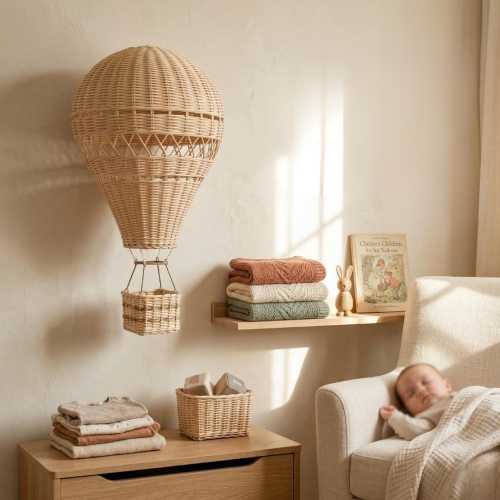 Handwoven Rattan Hot Air Balloon Wall Decor – Boho Nordic Nursery Hanging (30x22cm)