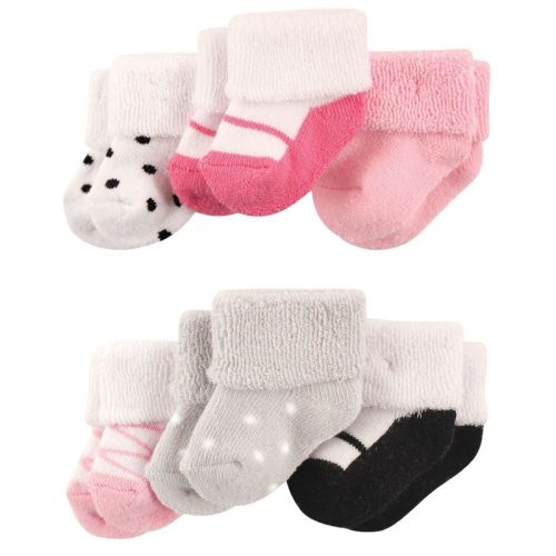 Luvable Friends Baby Girls Newborn and Baby Socks Set, Pink Black Shoes, 0-3 Months