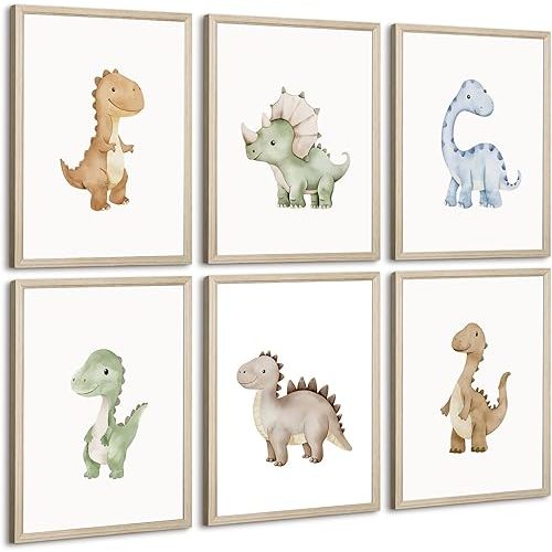Dinosaur Nursery Wall Art Kids Canvas Poster Boys Room Wall Decor Watercolor Dino Wall Art Toddler Baby Pictures Dinosaur Prints Nursery Artwork for Boys Room Bedroom 8x10x6 Inch Wood Framed