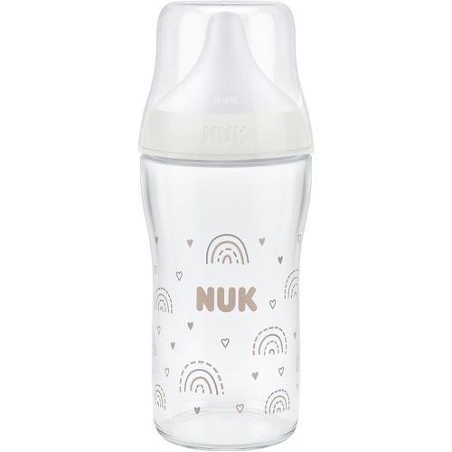 NUK Perfect Match Glass Baby Bottle, 3+ Months, 230 ml, Anti Colic Feeding Bottle, Temperature Control Indicator, Rainbow, 1 Count