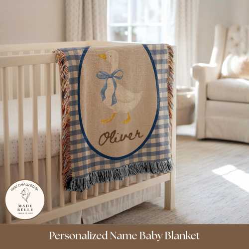 Personalized Blue Goose Baby Blanket, Gingham Farmhouse Nursery Bedding, Custom Name Woven Blanket, Storybook Throw Neutral Baby Shower Gift