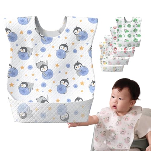 Disposable Feeding Bibs, 24 Individual Pack for Baby & Kids -Adjustable Adhesive Tabs, 13.78’’x 9.45’’ Toddler Bibs for Eating (【24pcs】 Oliver & Blueberry)