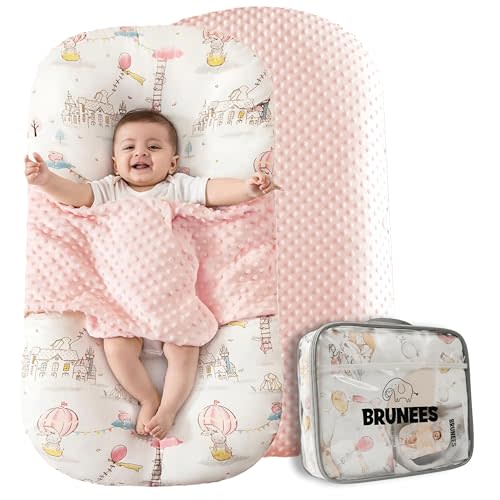 Baby Lounger Pillow for Newborn – Large Infant Lounger 0-24 Months | Anti-Startle Removable Wings, Breathable Mesh Core | 2-Sided Cotton & Minky Cover | Tummy Time Mat, Portable Baby Nest (Pink)