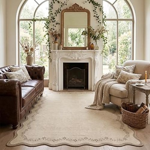 GarveeHome 5x7 Scalloped Area Rug Tan Jute Washable Rugs for Living Room Bedroom, Soft Low Pile Non Slip Accent Floor Mat Solid Floral Print Throw Rug Farmhouse Indoor Carpet for Dorm Playroom