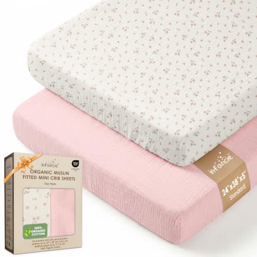 100% Organic Cotton 2 PK Baby Muslin Pack & Play Sheets 24x38in Mini Crib | Oeko-TEX Certified, Crib Sheets Boy, Fitted Crib Sheet, Blush Pink / Floral, Unisex Design, Machine washable and holds up