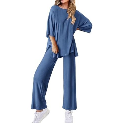KIRUNDO Womens 2 Piece Outfits Lounge Set 2024 Casual Loose Short Sleeve Knit Pullover Tops and Wide Leg Pants Tracksuits